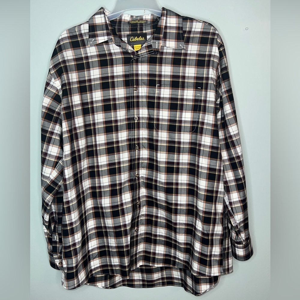 Cabelas Wrinkle-Free Long Sleeve Dress Button Down Checkered Plaid Shirt 2XLT.